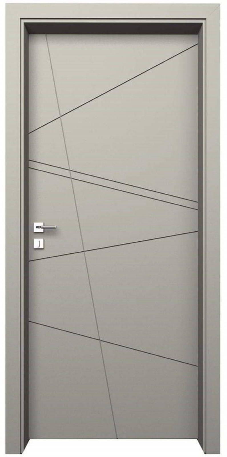 Modern interior door with diagonal groove pattern — gray finish